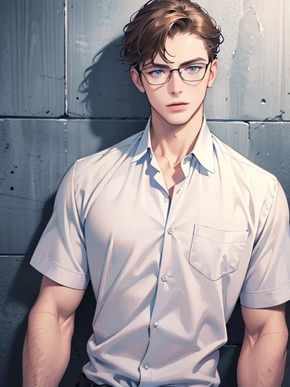masterpiece, best quality, 1boy, brunette hair, blue eyes, glasses, white shirt, mugshot, wall background, detailed eyes, detailed facial features, realistic and high resolution (best quality, 4k, 8k, highres, masterpiece:1.2)