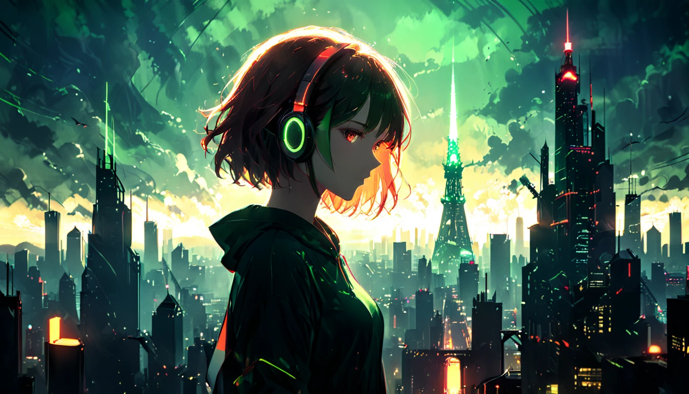 (artist by Florence Broadhurst:1.2),1girl,bob cut,hoodie,headphones,silhouette,
(skyline:1.3),(cityscape:1.4),a big iron tower,Standing at the top of the tower,solo,green theme,low saturation,silhouette,(Background with rich lines:1.8),abstract background,detail glow red eyes,(looking the view:1.5),Girl with red eyes,(Dark atmosphere,shadow,Silhouette,Minimalist style,dark,Very strong darkness:0.5),glowneon,cowboy_shot,