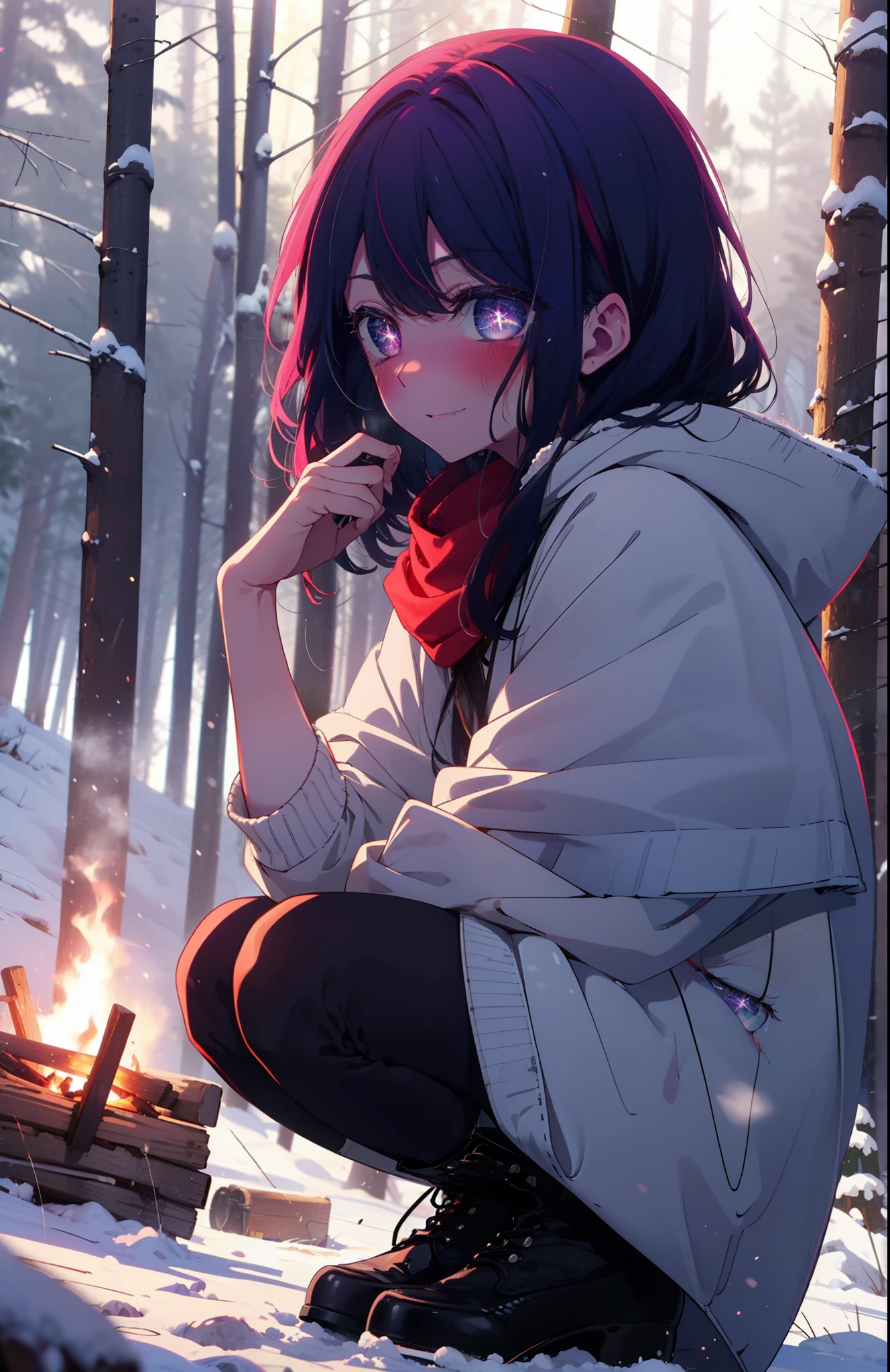 aihoshino, Ai Hoshino, Long Hair, bangs, (Purple eyes:1.1), Purple Hair, (Symbol-shaped pupil:1.5), smile,,smile,blush,white breath,
Open your mouth,snow,Ground bonfire, Outdoor, boots, snowing, From the side, wood, suitcase, Cape, Blurred, , forest, White handbag, nature, Squat, Mouth closed, Cape, winter, Written boundary depth, Black shoes, red Cape break looking at viewer, Upper Body, whole body, break Outdoor, forest, nature, break (masterpiece:1.2), Highest quality, High resolution, unity 8k wallpaper, (shape:0.8), (Beautiful and beautiful eyes:1.6), Highly detailed face, Perfect lighting, Highly detailed CG, (Perfect hands, Perfect Anatomy),