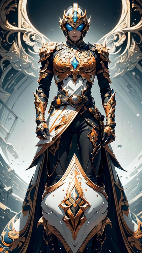 Here is a detailed description of the character in the image:
### Head:
- **Helmet**: The helmet is predominantly orange with intricate geometric patterns.
- **Faceplate**: The faceplate is white with angular eye openings Here is a detailed description of the character in the image:
### Head:
- **Helmet**: The helmet is predominantly orange with intricate geometric patterns.
- **Faceplate**: The faceplate is white with angular eye openings that are filled with yellow mesh, giving it a mechanical, insect-like appearance.
- **Horn/crest**: The top of the helmet features a pronounced orange crest that extends upwards.
### torso:
- **Chest armor**: The chest is covered in segmented armor, with the right side being orange and the left side white. The armor has geometric designs and a high-tech look.
- **belt**: A black belt with a central blue and orange device, possibly a transformation or activation mechanism.
- **Shoulder pads**: Asymmetrical shoulder pads, with the right one being larger and orange, while the left is smaller and white.
### Arms:
- **Right arm**: Orange armor with black geometric patterns.
- **Left arm**: White armor with similar patterns but more subdued.
- **Gloves**: Both hands are covered in white gloves with mechanical detailing.
### Legs:
- **Right leg**: Orange armor with black geometric designs, mirroring the right arm.
- **Left leg**: White armor, matching the left arm in color and pattern.
### Overall Appearance:
- **Color Scheme**: A striking asymmetrical design with a mix of orange, white, and black, creating a visually dynamic and high-tech look.
- **Style**: The character's overall design is sleek and modern, with a strong emphasis on geometric patterns and a high-tech, futuristic aesthetic.
Textured skin, Super Detail, Attention to detail, high quality, 最high quality, High resolution, 1080P, hard disk, Gorgeous beauty,(Kamen Rider),(Female rider),Bodysuits,Combat Suit,Transformation Belt,BATTLE MODE,Metal,Transform into Kamen Rider,Full Face Helmets,
One girl, solo, Simple Background, Large Breasts,