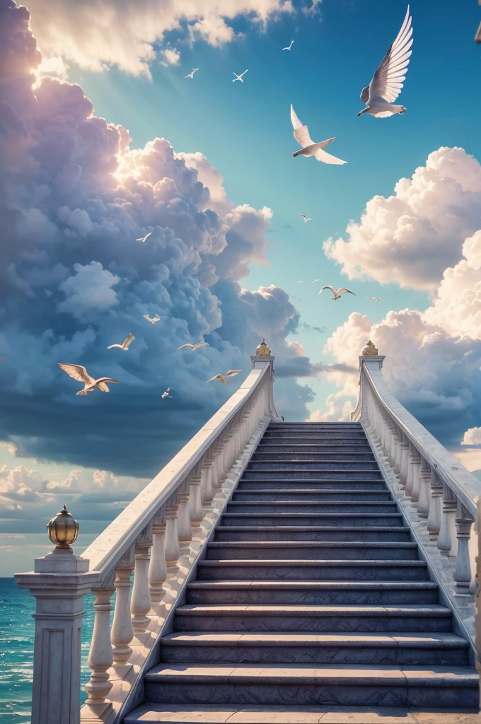 work of art paradise, heavenly light, stairs between the clouds, angels, colorful sky with several clouds and several groups of realistic birds flying, paradise of peace, abode of God, best qualityer, (extremely detailed wallpaper 8k), (best qualityer), (best realism), absurderes, realistic lighting, (abyss), beautiful detailed glowing