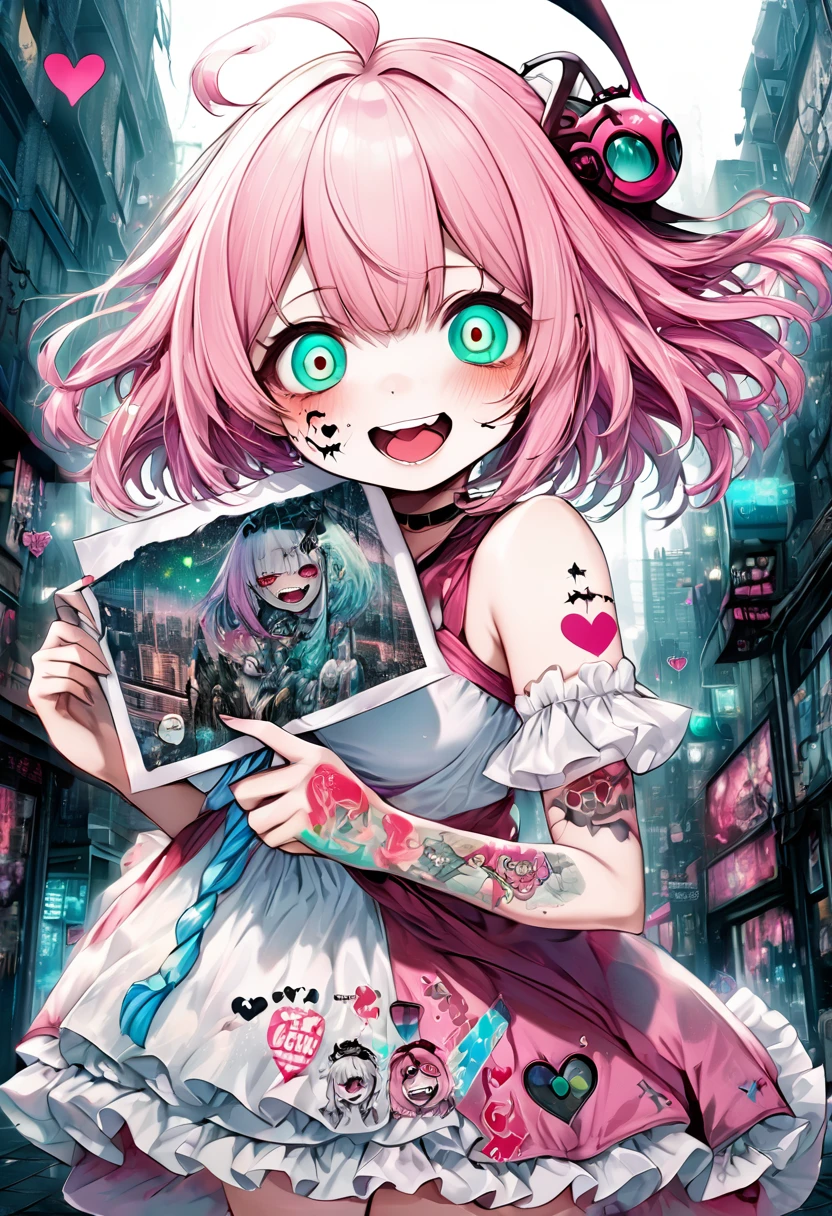 holding a sign that says " happy ", floating cute magical girl, yandere, amorous and lewd face, crazy smile, scary smile, evil smile, teasing smile, grin, lewd smile, malicious smile, creepy smile, big droopy eyes, huge mouth, make-up, pink messy wavy short hair, ahoge, blunt bangs, covered in tattoos, great proportion, wearing pink and white frilly fluffy dress, heart-shaped magic stick, background pastel colors, kaleidoscope of cityscapes, analyzers, labs, with mix of stonepunk, firepunk, and waterpunk, shading effects, gradation magic effects, foggy filter effects, glitter effects, (ultra detailed, absolutely resolution, best quality:1.3), 2.5D, delicate and dynamic, artistic photography, hyper realistic, graphic CG digital manga-style art