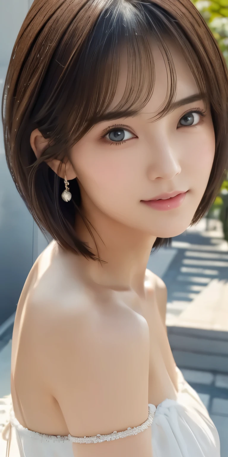 Realistic、Highest quality、Highest quality、masterpiece、Ultra-high resolution、RAW Photos、Realistic、Bright lighting、Face Light、Smooth Professional Lighting、Looking into the camera、alone、Adult female、Beautiful woman、Super Beauty、Realistic肌、Moisturized Skin、Realistic eyes and faces、Perfect model body shape、Beautiful Eyes、Big eyes、Inconspicuous tear bags、slim、Big Breasts、Very good、No makeup、Very short hair、Black Hair、black eye、seems to be happy、(Both ears are hidden by hair)、Beautiful lake、Lakeside、White Dress、