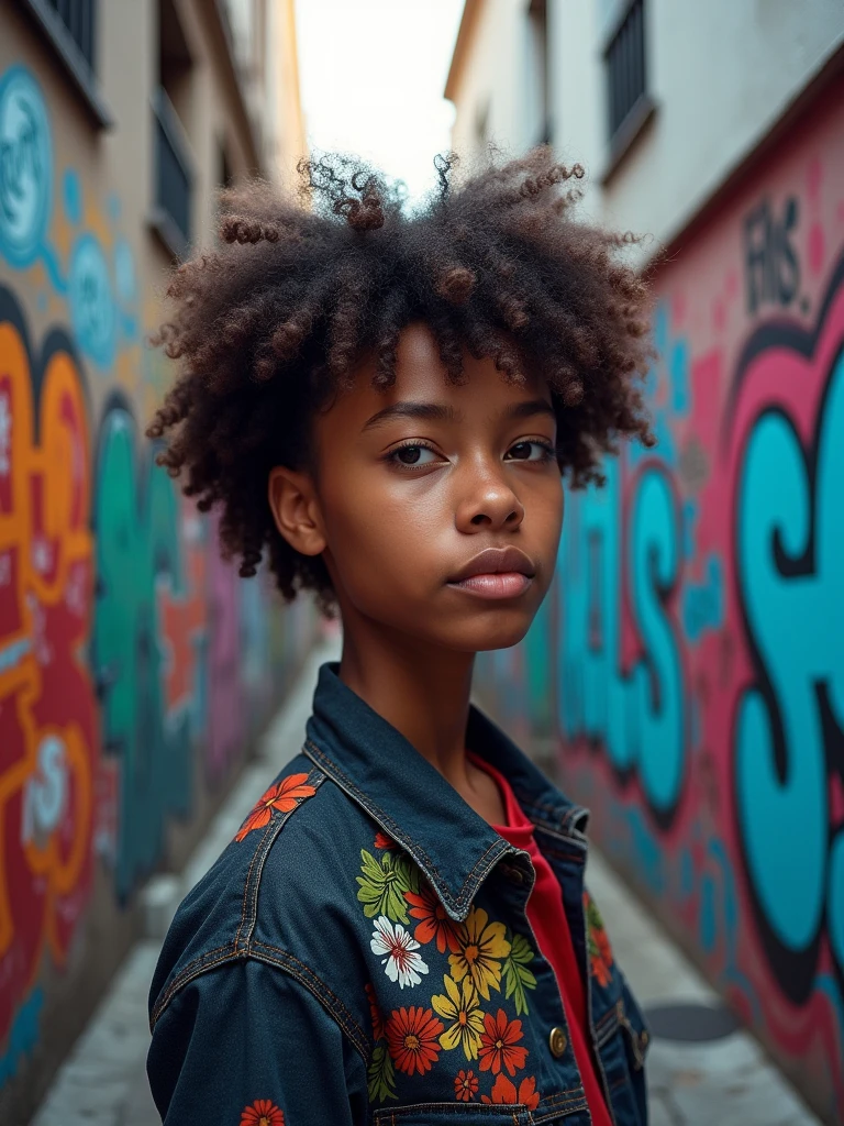 a person standing in front of a wall covered in graffiti, unsplash photography, face with artgram, top selection on unsplash, thomas kinkade and tristan eaton, detailes face, alleys, technicolour, beautifully painted, featured on unsplash, on the streets