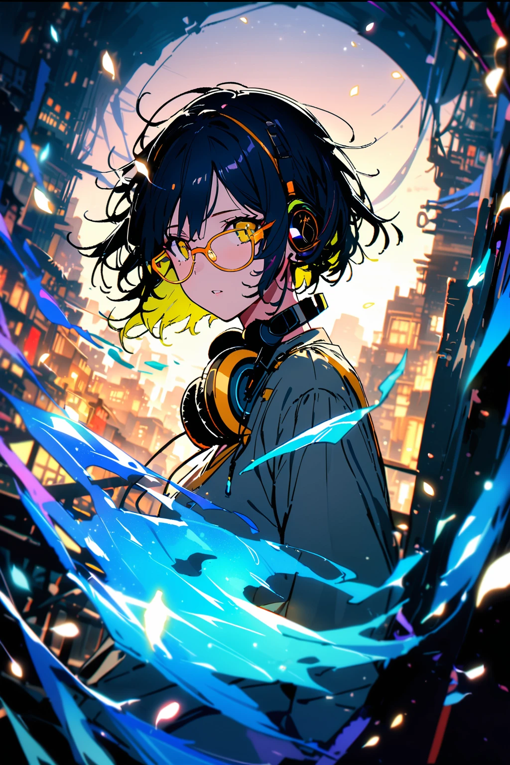 up-and-coming works of art, best quality, super fine, 16k, incredibly absurdres, extremely detailed, beautiful ephemeral girl stands in the city,(((semi-rimless yellow eyewear:1.3))), (headphone around neck:1.2), bedroom eyes, sparkling short hair, messy hair, sparkling dress, sparkling earrings, wind, wind-effect, moonlit night view, (magnificent view:1.2), clockmetal, falling iridescent petals