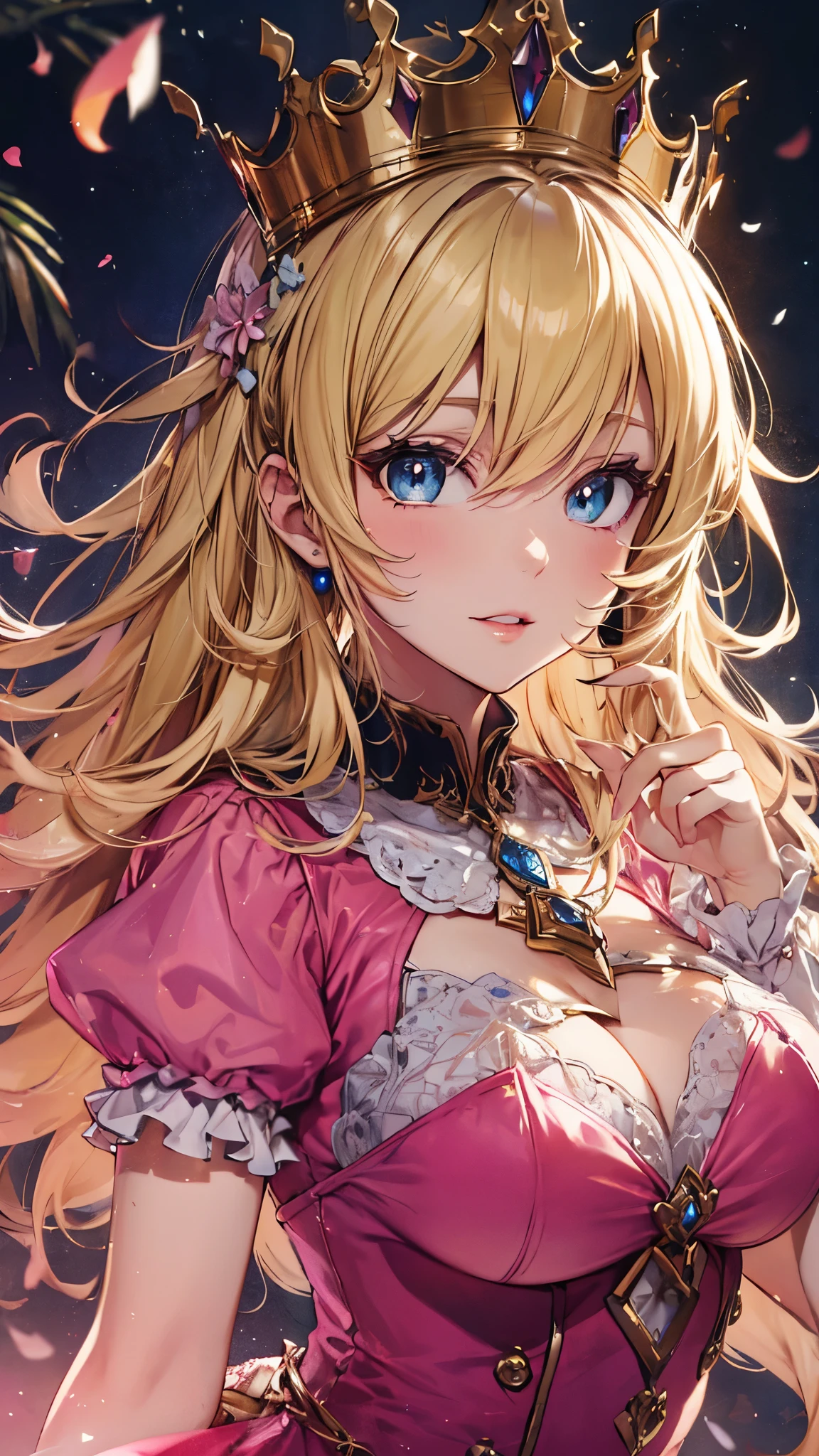 from below,princess peach, (blonde hair), blue eyes, long hair,crown, dress, gem, gloves, (pink dress), puffy short sleeves, puffy sleeves, short sleeves, white gloves,curvy,large breasts,seductive smile,masterpiece,Noise Reduction,perfect anatomy,high resolution, ultra-detailed, ultra-detailed face,game cg,(dutch angle),beautiful detailed eyes,visualart,five fingers, perfect hands, perfect lighting, sparkling pupils,