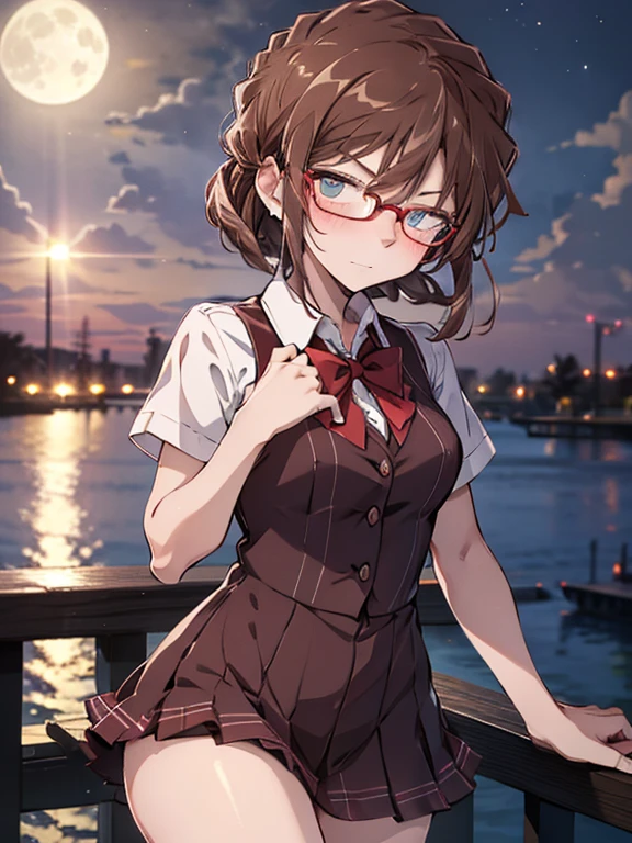 Moon, Red bow tie, Glasses, blush, Confession, (Moonlit Confession:1.5), The background is the seaside park, cute, Beauty, Shortcuts, Haibara Ai, Brown Hair, (masterpiece), highest quality, 1girl, uhd, retina, masterpiece, ccurate, anatomically correct, textured skin, super detail, high details, high quality, best quality, highres, 4K