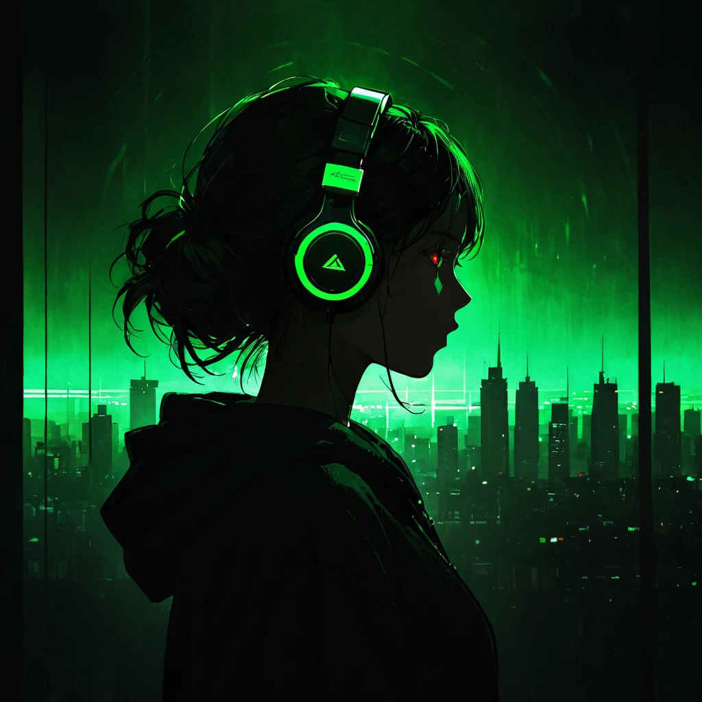1 girl, One, headphones, hoodie, silhouette, green theme, low saturation,silhouette,darkness,(Background with rich lines:1.8),abstract background, detail glowing red eyes, (look at the view:1.5), logo