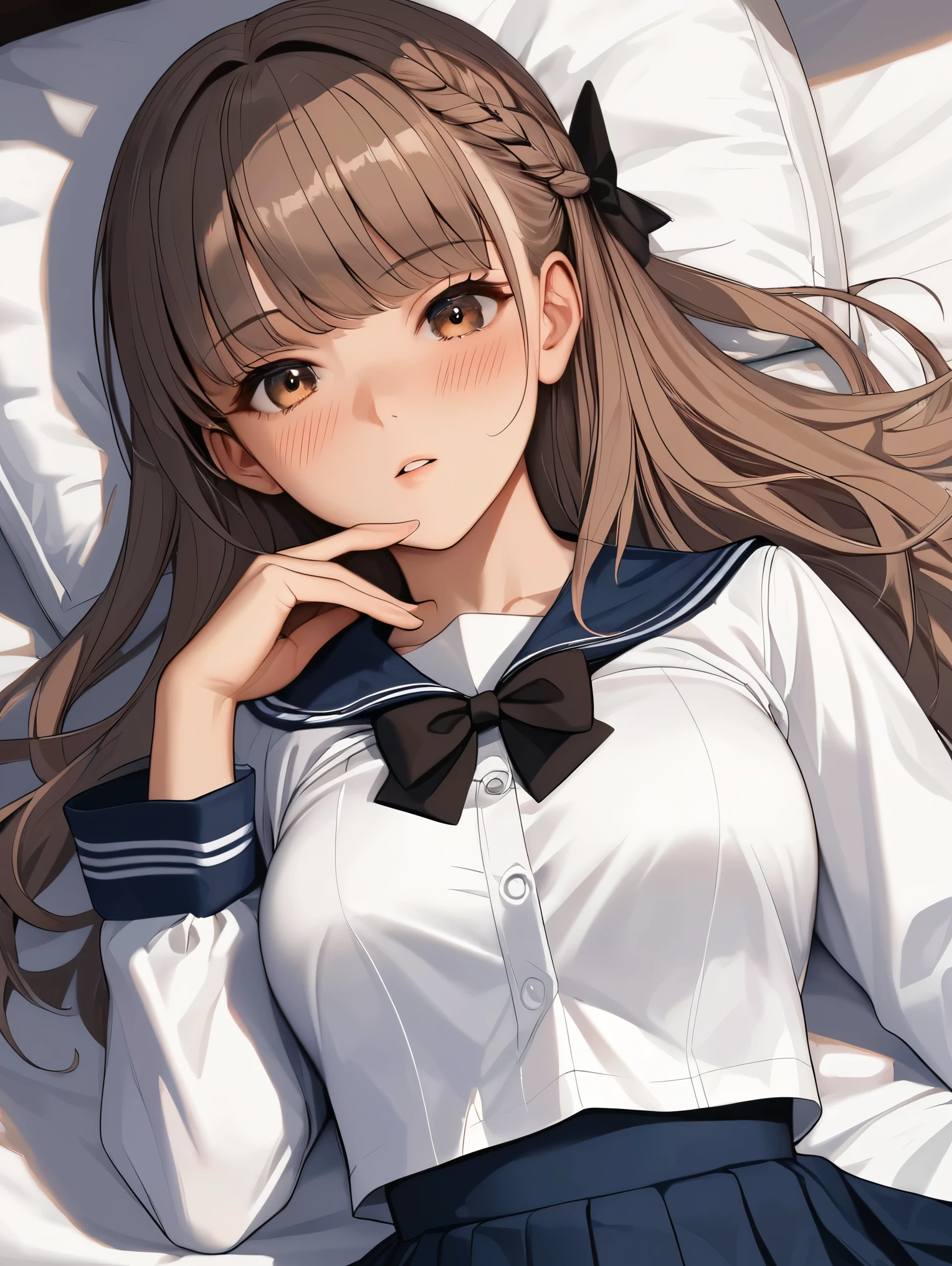 core_9,score_8_up,score_7_up,score_6_up, source_anime BREAK solo,best quality,highly detailed,ultra-high resolution,32K UHD,sharp focus,best-quality,masterpiece, Emotionalization,golden hour,unconventional supreme masterpiece,masterful details,temperate atmosphere,with a high-end texture,in the style of fashion photography,dynamic angle,dynamic posture, 1girl, solo, pantyhose, skirt, long hair, school uniform, bow, lying, long sleeves, brown eyes, black bow, sailor collar, looking at viewer, on back, black pantyhose, pleated skirt, serafuku, hair bow, on bed, braid, white shirt, shirt, bangs, bowtie, puffy sleeves, blush, bed sheet, parted lips, black skirt, indoors, feet out of frame, brown hair, grey hair, high-waist skirt, blue sailor collar, pen, pillow, black bowtie, bed