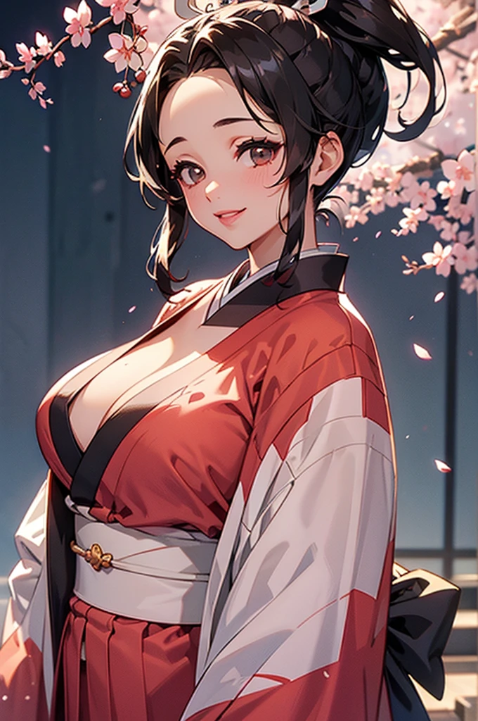 (((beautiful))), (((kimono, Cherry blossom pattern))), ((Black Hair, parted bangs, forehead, ponytail, hair ornaments, Chubby)), One Woman, Large Breasts, Huge Saggy Tits, Cleavage, Glowing Skin, Sweat, (((Intricate details))), High resolution, ((Intricate details, Ultra-detailed)), Are standing, from front, wide shot, (looking at viewer, look at viewer), Red cheeks, smile, night,