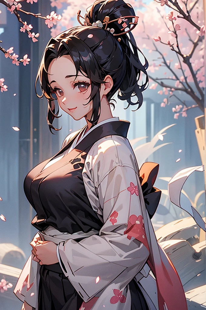 (((beautiful))), (((kimono, Cherry blossom pattern))), ((Black Hair, parted bangs, forehead, ponytail, hair ornaments, Chubby)), One Woman, Large Breasts, Huge Saggy Tits, Cleavage, Glowing Skin, Sweat, (((Intricate details))), High resolution, ((Intricate details, Ultra-detailed)), Are standing, from front, wide shot, (looking at viewer, look at viewer), Red cheeks, smile, night,