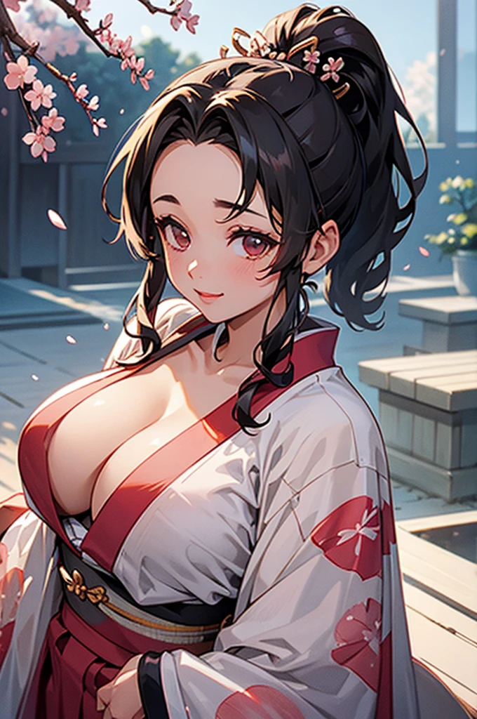 (((beautiful))), (((kimono, Cherry blossom pattern))), ((Black Hair, parted bangs, forehead, ponytail, hair ornaments, Chubby)), One Woman, Large Breasts, Huge Saggy Tits, Cleavage, Glowing Skin, Sweat, (((Intricate details))), High resolution, ((Intricate details, Ultra-detailed)), Are standing, from front, wide shot, (looking at viewer, look at viewer), Red cheeks, smile, night,