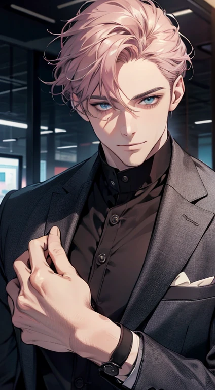 (best quality,4k,8k,highres,masterpiece:1.2),ultra-detailed,(realistic,photorealistic,photo-realistic:1.37),1 man,31 years old,mature man,very handsome,without expression,smile,short grey pink hair,blue eyes,penetrating gaze,perfect face without errors,imposing posture,businessman,office background,cinematic lighting,hdr image
