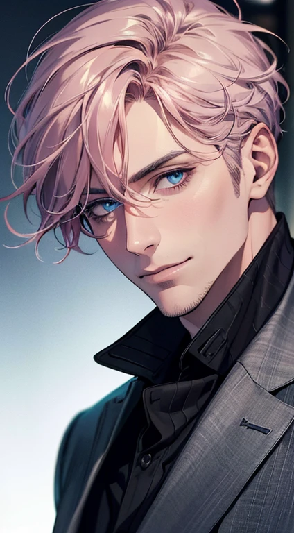 (best quality,4k,8k,highres,masterpiece:1.2),ultra-detailed,(realistic,photorealistic,photo-realistic:1.37),1 man,31 years old,mature man,very handsome,without expression,smile,short grey pink hair,blue eyes,penetrating gaze,perfect face without errors,imposing posture,businessman,office background,cinematic lighting,hdr image