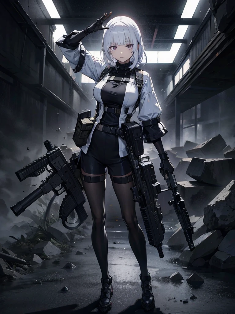 RPK-16,Shooting guns, hair is white, The background is a dark and desolate landscape, Horror movie atmosphere. Her figure is very beautiful, Emphasizing the dark and crazy elements. Skillfully expressing the effects of light and shadow, detailed, The face and expression of the black costume are also carefully drawn.....,(Tilt your head:1.2), ([sketch|watercolor \(Moderate\)]:1.15),Chaotic abstract background, Vector Trace, Gradient blending and whole body, Artistic elements add depth to the work. The overall atmosphere is creepy and nightmarish....., With a unique artistic touch. This movie is、The dark and crazy world of horror movies depicted in HD., Evoke visual stimuli and aesthetic sense, 
