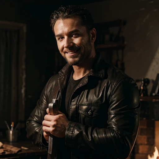 Manly men, In the background of horror,He has a smile on his face,Knife in hand