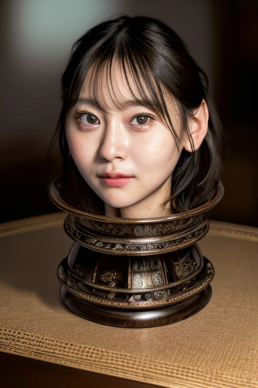 (realistic,photo-realistic:1.4), (masterpiece, best quality:1.2), RAW photo, high resolution, intricate details, extremely detailed, cinematic lighting, (disembodied head on table stand:1.5), solo, a Japanese woman, dark hair, (detailed face, beautiful detailed eyes, sophisticated nose),,,[Kubincess]