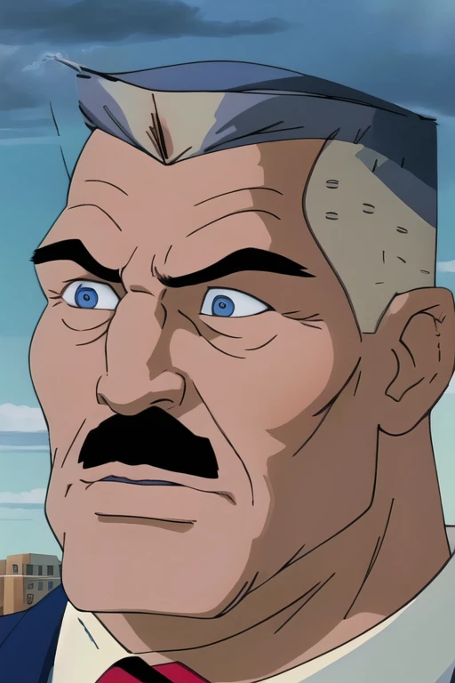 photorealistic portrait of john jonah jameson, shirtless, muscle, realistic skin texture, extremely detailed face, beautiful detailed eyes, beautiful detailed lips, extremely detailed wrinkles, salt and pepper hair, serious expression, business suit, professional lightning, award winning painting