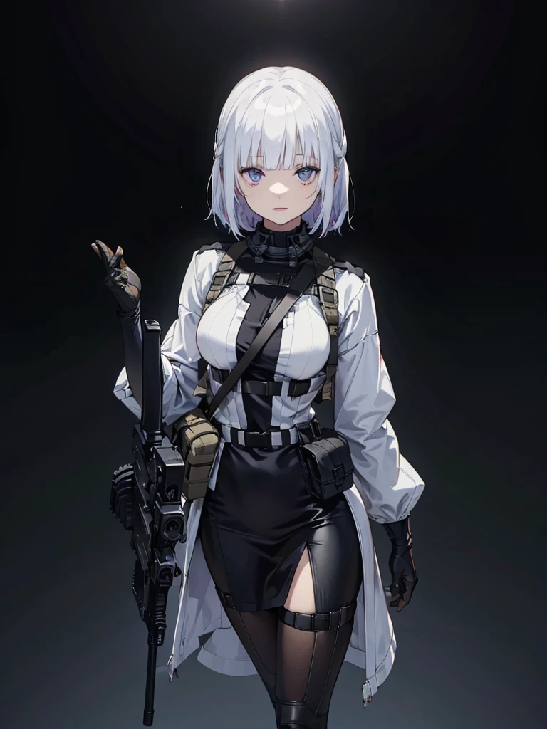 RPK-16,Shooting guns, hair is white, In the spotlight, The background is a dark and desolate landscape, Horror movie atmosphere. Her figure is very beautiful, Emphasizing the dark and crazy elements. Skillfully expressing the effects of light and shadow, detailed, The face and expression of the black costume are also carefully drawn.....,(Tilt your head:1.2), ([sketch|watercolor \(Moderate\)]:1.15),Chaotic abstract background, Vector Trace, Gradient blending and whole body, Artistic elements add depth to the work. The overall atmosphere is creepy and nightmarish....., With a unique artistic touch. This movie is、The dark and crazy world of horror movies depicted in HD., Evoke visual stimuli and aesthetic sense