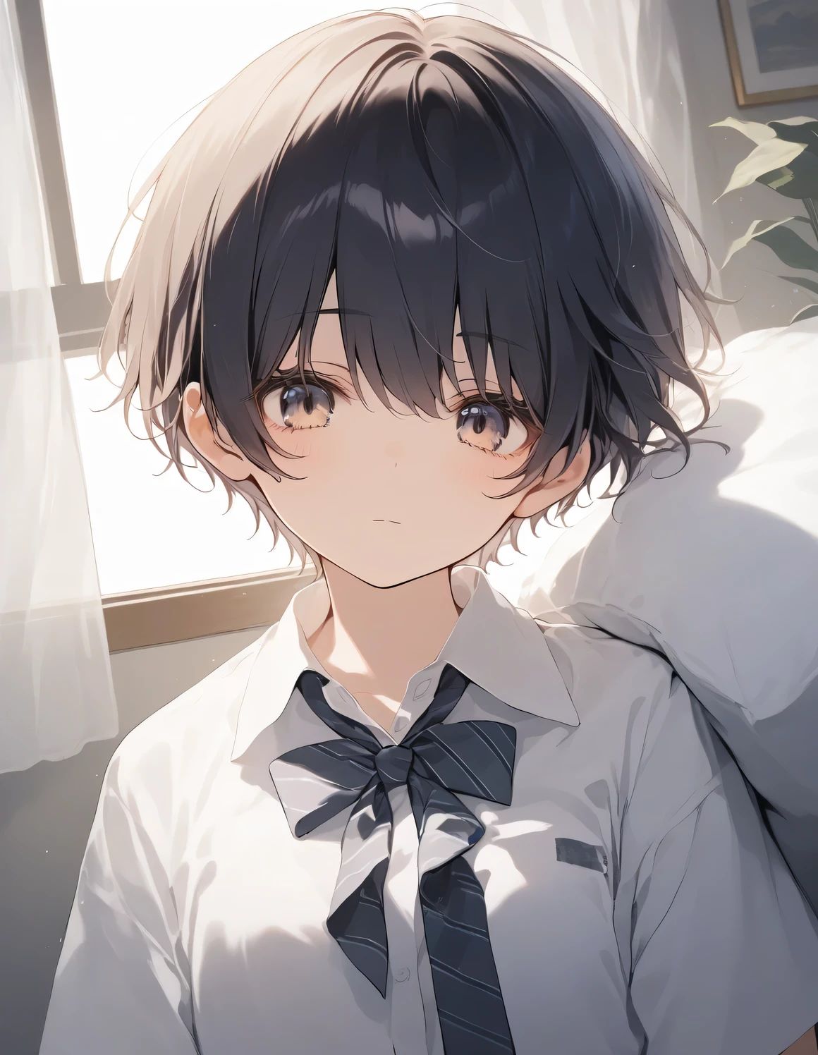 score_9, score_8_up, score_7_up, source_anime, best quality, masterpiece, official art, absurdres, highres, ultra-detailed,waifu2x,JAV Cover,break,1girl, tomboy, idol girl, school uniform, very short hair, pixie cut, small breasts, slender, beautiful detailed eyes, expressionless, sleepily, sexual appeal, bed, indoors, break,(clear line illustration:1.2), super detailed skin,very high resolution, very aesthetic, Best sexual lighting powered by famous artist, 8k,cute picture, beauty illustration,photoshop_(medium),,(Detailed Lighting),best anime 8k konachan wallpaper, pixiv contest winner,