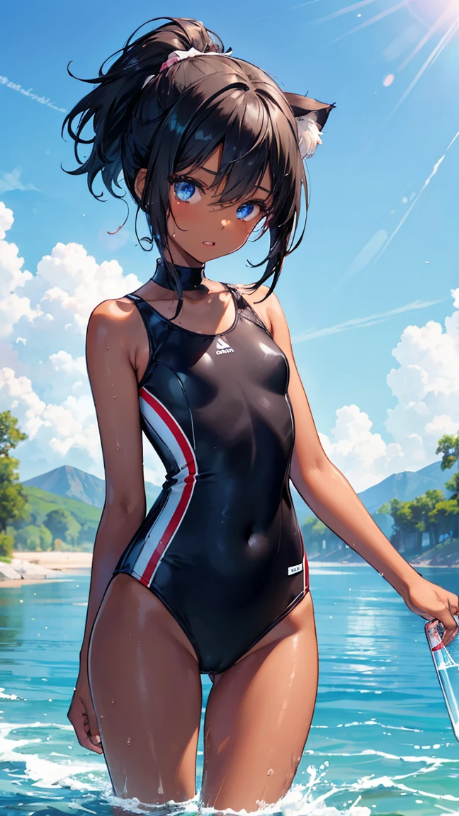 ,girl,Highest quality,Black Hair,Sunburn,blue eyes,Brown skin,Dark Skin,Very short hair,ponytail,Cat Eyes,Double teeth,Small breasts,Cat swimsuit,Wet with water,Clear Stream,river,Water Play,