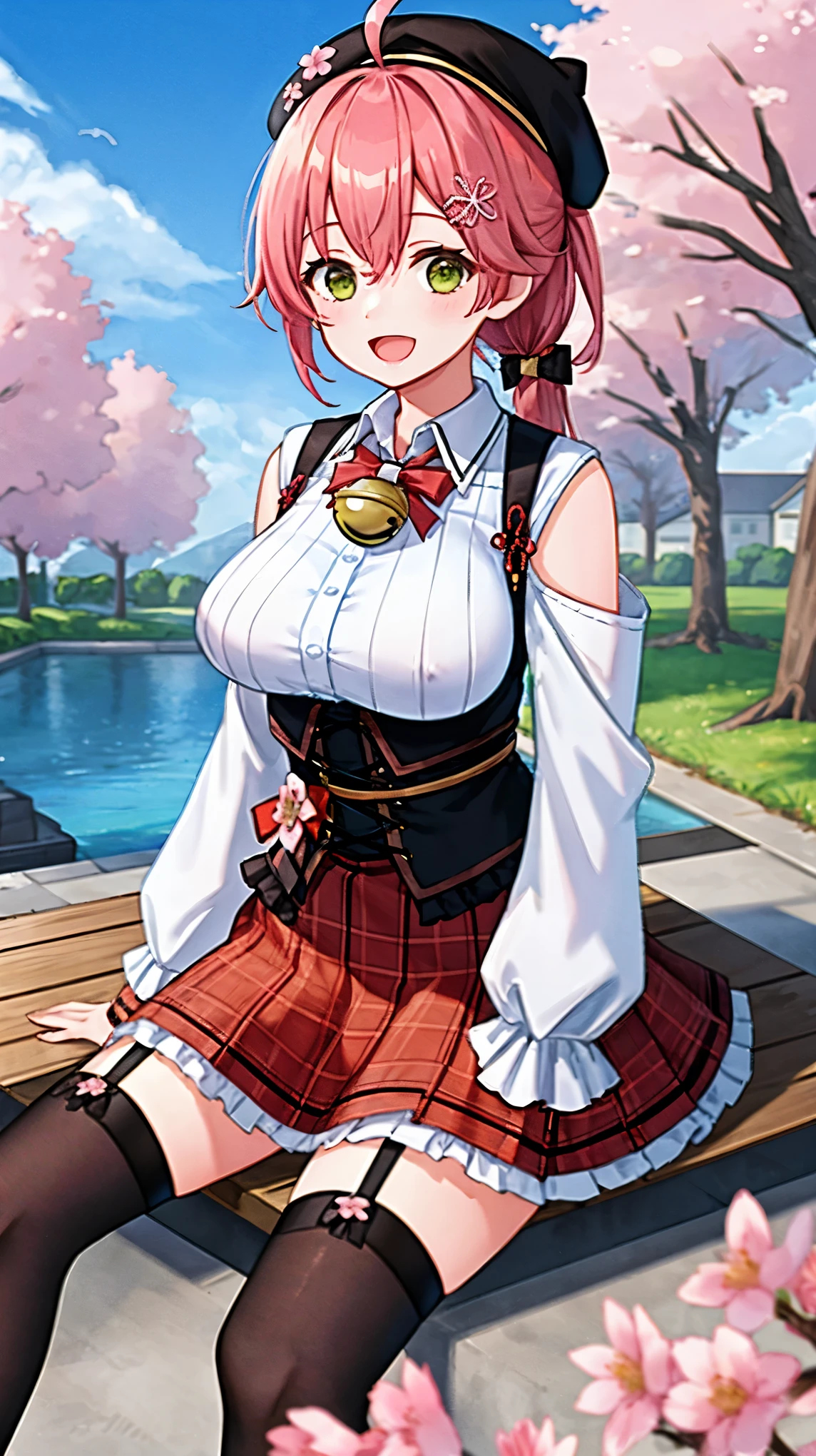 masutepiece, Best_Quality, hight_resolution, miko2,Ponytail, 1girl, Ahoge, black headwear, Hair Ornament, White shirt, black thighhighs, Pink hair, Red_skirt, very_short_skirt, plaid skirts, garter_strap, Collared shirt, hair clips, frilld, Bangs, hair between eye, frills skirt, beret, Pleated skirt, Hair Flower, Neck bell, , puffy long sleeves, Black bow, Underbust, Smile, (large_breasts:1.3),covered_nipples, green_eyes, happy, dynamic_angle,spread_legs,(big_smile:1.2),plump,open_mouth,shout,half_eyes,cherryblossom_park_landscape_background,