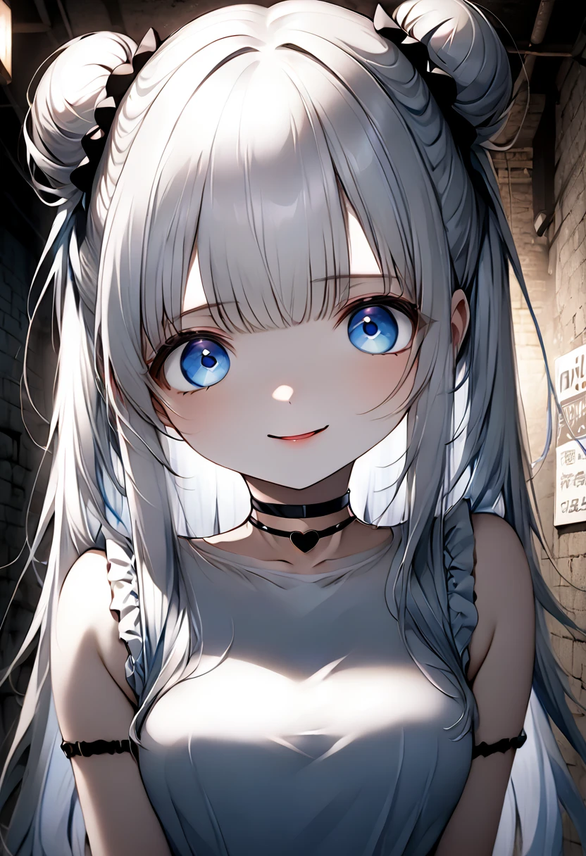 holding a sign that says " happy ", cute magical girl, (double bun, blunt bangs, silver straight long hair), amorous and lewd face, make-up, blue eyes, great proportion, white gothic bare top dress, choker, background dimly lit basement, (ultra detailed, absolutely resolution, best quality:1.3), 2.5D, delicate and dynamic, artistic photography, hyper realistic, graphic CG digital manga-style art
