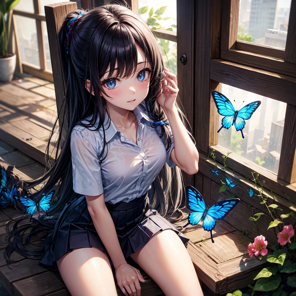 schoolgirl,witch,witchの帽子,Blue colored eyes、butterfly、flower,Short skirt,magic,Particle FX,The light from the window behind is backlit.,sat on the ground、Colored Glass、Complementary Color,Complex background,Best Quality,8k,Masterpiece: Faces are the focus