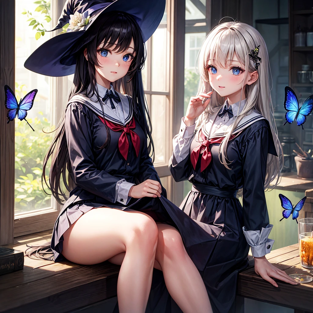 schoolgirl，witch，witchの帽子，Blue colored eyes、butterfly、flower，Short skirt，magic，Particle FX，The light from the window behind is backlit.，sat on the ground、Colored Glass、Complementary Color，Complex background，Best Quality，8k，Masterpiece: Faces are the focus