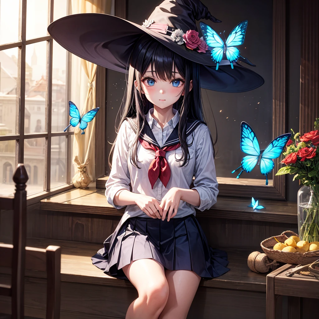 girl，witch，witchの帽子，Blue colored eyes、butterfly、flower，Short skirt，magic，Particle FX，The light from the window behind is backlit.，sat on the ground、Colored Glass、Complementary Color，Complex background，Best Quality，8k，Masterpiece: Faces are the focus