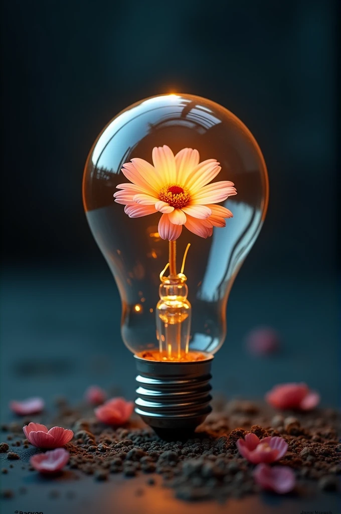 a light bulb with a flower inside sitting on the ground, lights with bloom, reflecting flower, lamps and flowers, baryon, light bloom, glowing flowers, magical flowers, beautiful lighting composition, perfect composition and lighting, by Adam Scenester, lightbulb, by Jacob Kaine, by Adam Maryanski, beautiful lit