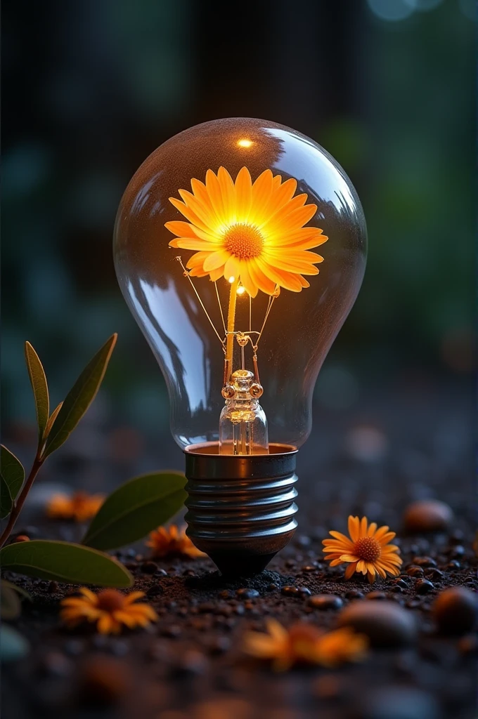 a light bulb with a flower inside sitting on the ground, lights with bloom, reflecting flower, lamps and flowers, baryon, light bloom, glowing flowers, magical flowers, beautiful lighting composition, perfect composition and lighting, by Adam Scenester, lightbulb, by Jacob Kaine, by Adam Maryanski, beautiful lit