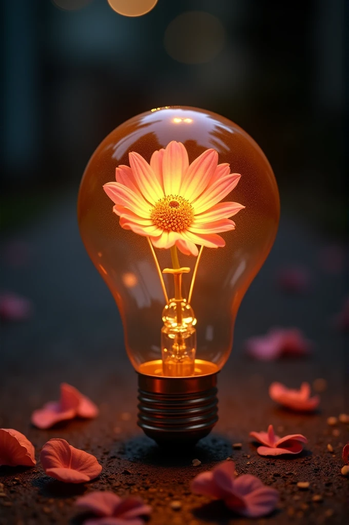 a light bulb with a flower inside sitting on the ground, lights with bloom, reflecting flower, lamps and flowers, baryon, light bloom, glowing flowers, magical flowers, beautiful lighting composition, perfect composition and lighting, by Adam Scenester, lightbulb, by Jacob Kaine, by Adam Maryanski, beautiful lit