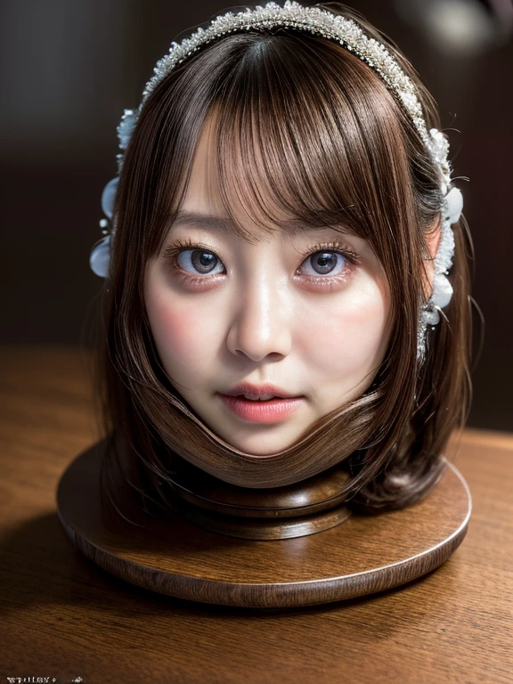 (realistic,photo-realistic:1.4), (masterpiece, best quality:1.2), RAW photo, high resolution, intricate details, extremely detailed, cinematic lighting, (disembodied head on table stand:1.5), solo, a Japanese woman, dark hair, (detailed face, beautiful detailed eyes, sophisticated nose),,,[Kubincess]