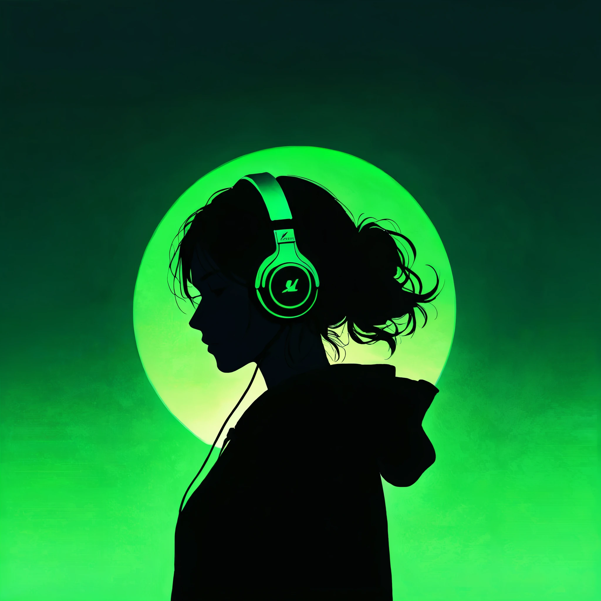 1girl, solo, headphones, hoodie, silhouette, green theme, low saturation,silhouette，darkness