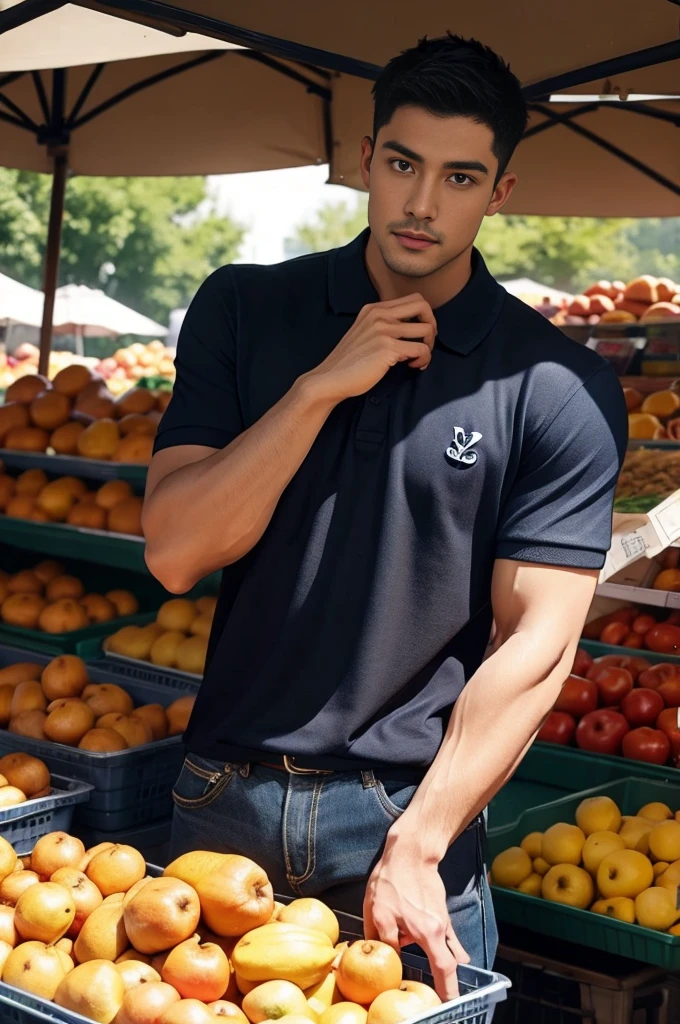 Handsome young man, (have a mustache:1) ,(buzz cut:1.1), (short hair:1.2), The forearms are muscular., (polo shirt:1.5), (Navy blue shirt:1.5), Jeans, Big muscles, Handsome and muscular, full body angle, (outdoor market:1.3), natural light