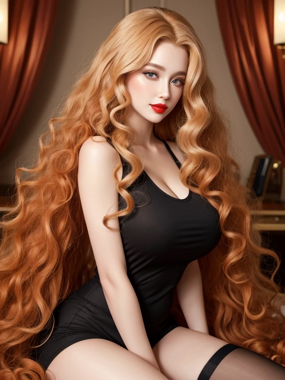 High-quality facial features with red lips and yellow eyes,perfect body , big breasts and huge breasts , Blonde woman with long red curly hair with very long red curly hair and super long red curly hair with very super long red curly hair, The quality of a perfect face with clear meanings, red lips and yellow eyes, She wears black socks with black shorts and a walnut T-shirt
