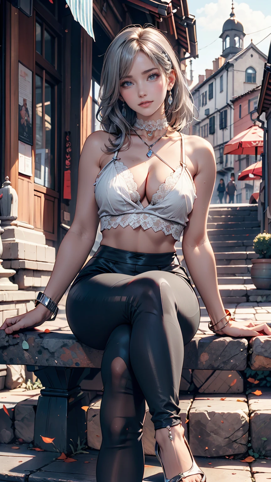 24 year old Caucasian female、Silver Hair、Straight Hair、Lace choker、Strap shoulder tops、No bra、Chest（Nipple swelling emphasis)、Colorful leggings、Stiletto heels、Sitting on the wide stone steps of the Old Town、Crossing your legs、Cheek resting on hand、smile、Silver accessories on the wrist