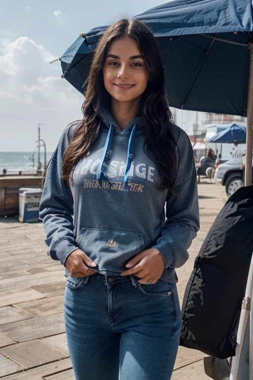 (Influencer_Detailer_by_Stable_yogi) (influencer-close-up-shot-by-stable-yogi) (Instagram_Influencer_17_By_Stable_Yogi) (black_long_wavy_hair_brownis_eyes) The seaside town, (hoodie parasut blue colour light and long jeans: 1.2), standing at the local market, in the morning, smiling sweetly ...