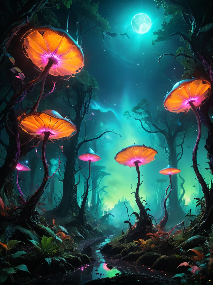 Neon orange gradient color scheme, Neon Pink, Neon Blue, neon yellow, Fluorescent Green, (Like an alien:0.5) biology, Vibrant and surreal TheWeirdies data visualization style, （Best quality，8k，high resolution，masterpiece：1.2），Super detailed，alien forest，harsh environment，(((Night，恐怖的外星Night，Black Light Art))), 可怕的外星biology，Powerful electromagnetic waves，Light Wave，Flying in the air，anger，transparent，Long legs，Glowing alien plants，Magic Wand，Fantasy landscape，Dark depressing colors，Fluorescent atmosphere，异想天开的外星biology，otherworldly plants，Horrible scenery，Mysterious aura，外星biology，Mesmerizing charm，Ethereal atmosphere，Surreal elements，Cosmic Energy，Fantasy realm，Dreamlike environment，超现实的biology，Horror Forest，Imaginary worlds，Amazing alien terrain，Whimsical plants，Mood lighting，Vibrant Leaves，The ethereal existence，otherworldly glow，captivating details，Complex texture，Vibrant colors