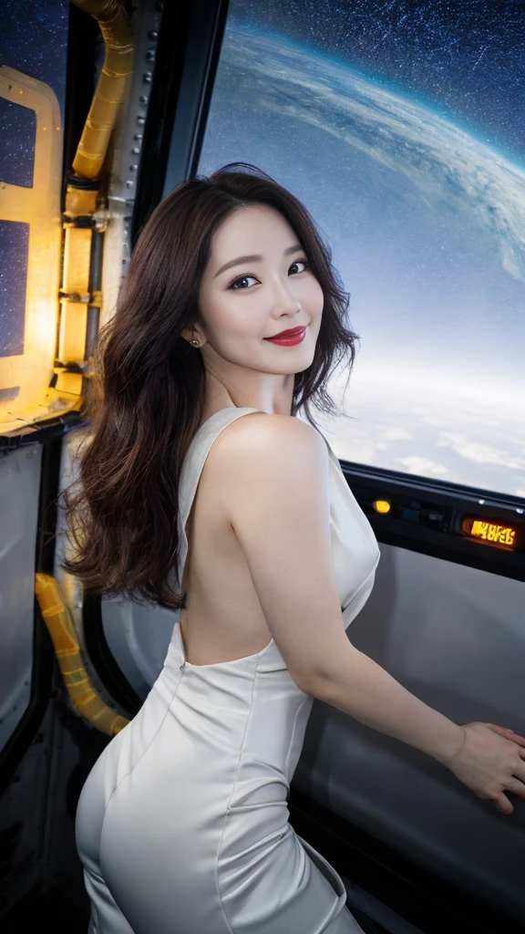 A stunning Japanese woman in a sleek, form-fitting spacesuit that accentuates her graceful curves, embodying both elegance and allure. Her face is exquisitely beautiful, with delicate features that include almond-shaped eyes, full lips, and a flawless complexion that glows under the soft lights of the space station. Her hair is long, silky, and jet black, either flowing freely or styled in a way that complements her futuristic attire. The spacesuit is a deep metallic color, perhaps silver or dark blue, with subtle details that enhance its sophisticated design, such as intricate patterns, metallic sheen, and luminous accents. The suit's material clings to her body like a second skin, highlighting her toned figure, while also being adorned with small technological elements that hint at advanced space technology. The setting is a high-tech space environment, with the woman standing confidently in front of a large window overlooking the vast expanse of space, or perhaps floating gracefully in zero gravity. Her posture is poised and confident, exuding a sense of power and intelligence, yet she also possesses a soft, alluring femininity. The overall mood is one of mystery, allure, and a hint of danger, as if she is on a secret mission in the depths of space, ready to take on any challenge that comes her way. The lighting is cinematic, with soft, glowing highlights and deep shadows that add depth to the scene, making her appear almost ethereal in the vastness of space.