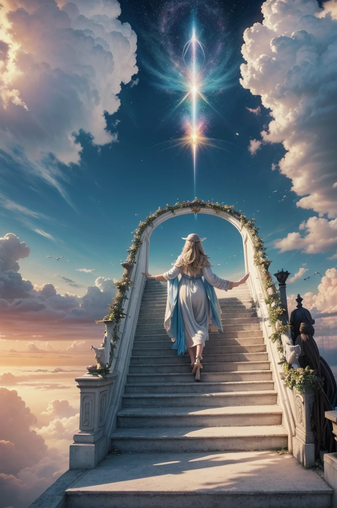 work of art the divine paradise, heavenly light, stairs between the clouds, angels, colorful sky with several clouds and several groups of realistic birds flying, paradise of peace, abode of God, best qualityer, (extremely detailed wallpaper 8k), (best qualityer), (best realism), absurderes, realistic lighting, (abyss), beautiful detailed glowing