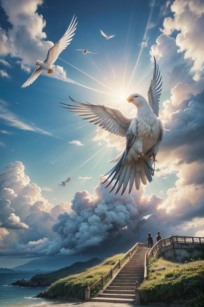 work of art the divine paradise, heavenly light, stairs between the clouds, angels, colorful sky with several clouds and several groups of realistic birds flying, paradise of peace, abode of God, best qualityer, (extremely detailed wallpaper 8k), (best qualityer), (best realism), absurderes, realistic lighting, (abyss), beautiful detailed glowing