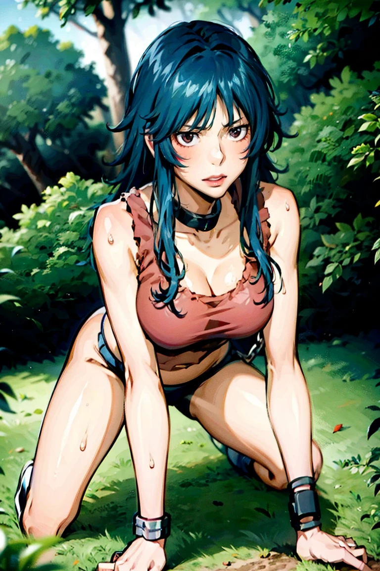 red eyes, blue hair, long hair, messy hair, (((red tank top))), navel, bare shoulder, hair between eyes, straight hair, gleaming kin, oil skin, shiny skin, sweat, wet skin, large breasts, cleavage, (((hands on the ground, on all fours))), (((chain leash, viewer holding chain leash, animal collar, animal collar connected chain leash, pet play))),