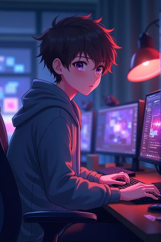 anime boy坐在桌前,Holding laptop and monitor in hands, Anime style 4k, 4k anime wallpaper, Bad guy anime 8k, 4k comics wallpaper, Young anime man, anime boy, Anime Wallpaper 4K, Anime Wallpaper 4K, High-quality anime art style, Anime cute art style, anime art wallpaper 8 k, Anime Art Wallpaper 4K, RGB lighting,