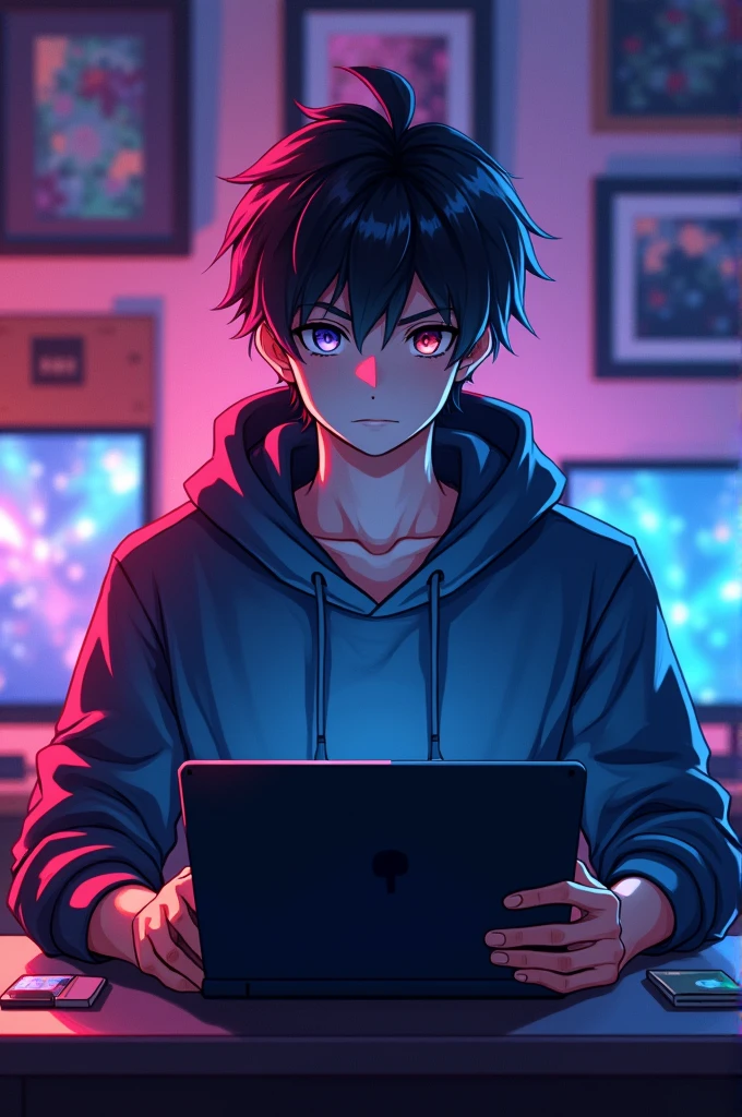 anime boy坐在桌前，Holding laptop and monitor in hands, Anime style 4k, 4k anime wallpaper, Bad guy anime 8k, 4k comics wallpaper, Young anime man, anime boy, Anime Wallpaper 4K, Anime Wallpaper 4K, High-quality anime art style, Anime cute art style, anime art wallpaper 8 k, Anime Art Wallpaper 4K, RGB lighting,
