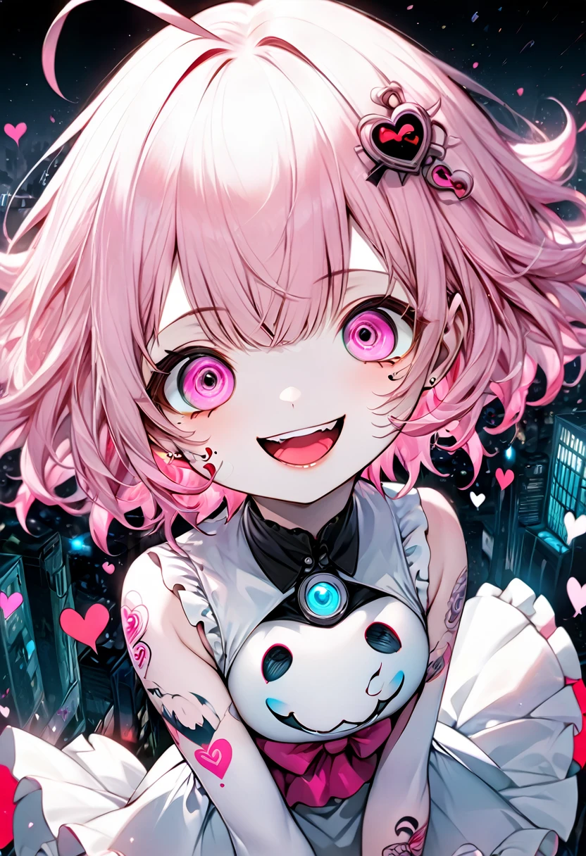 sign " happy ", floating cute magical girl, yandere, amorous and lewd face, crazy smile, scary smile, evil smile, teasing smile, grin, lewd smile, malicious smile, creepy smile, big droopy eyes, huge mouth, make-up, pink messy wavy short hair, ahoge, blunt bangs, covered in tattoos, great proportion, wearing pink and white frilly fluffy dress, heart-shaped magic stick, background pastel colors, kaleidoscope of cityscapes, analyzers, labs, with mix of stonepunk, firepunk, and waterpunk, shading effects, gradation magic effects, foggy filter effects, glitter effects, (ultra detailed, absolutely resolution, best quality:1.3), 2.5D, delicate and dynamic, artistic photography, hyper realistic, graphic CG digital manga-style art