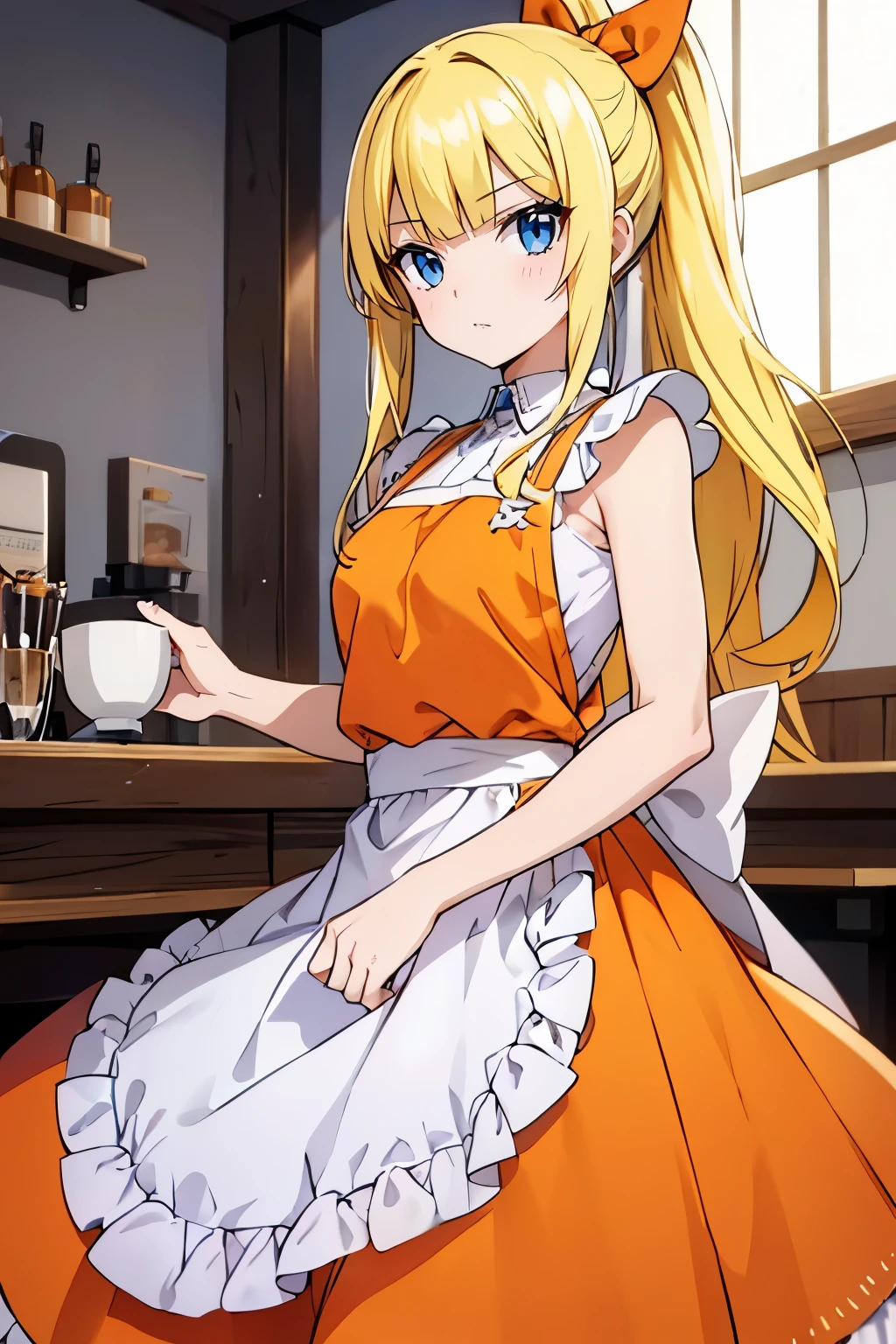 fairy_tail_style, solo, 1 girl, (young female body:1.4), (medium small breasts), golden yellow hair, extra long hair, blunt bangs, crystal blue eyes, very detailed eyes, cowboy shot, detailed eyes, barista, coffe shop, coffee, white apron, orange uniform, orange dress with white apron, sunny orange under dress, big bow, poofy orange dress under apron, ponytail