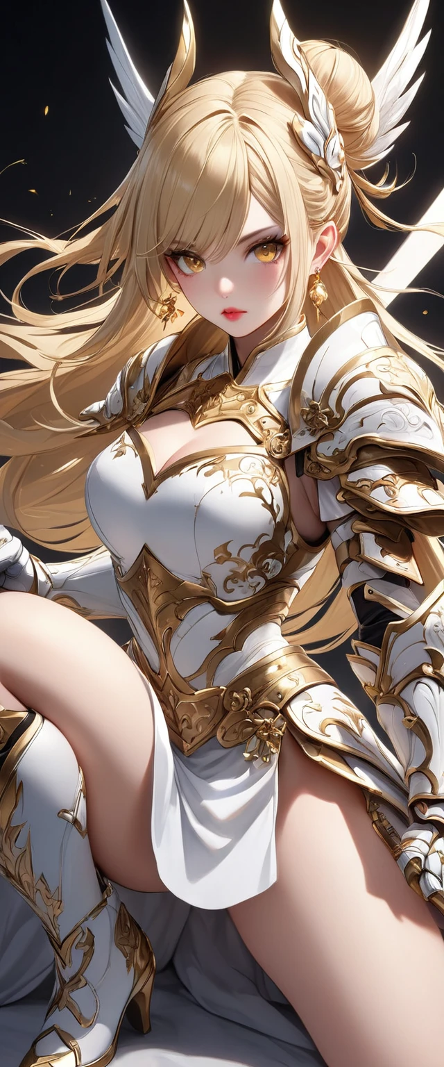 (Perfect Anatomy)、Mastepiece、Ultra High Quality、 8k、masterpiece、Highest quality、Ultra-high resolution、Maximum resolution、Very detailed、Professional Lighting、anime、woman、thin、so beautiful、Highly detailed eye、Highly detailed face、Golden earrings、Blonde, hair bun, Yellow Eyes、Detailed armor patterns、Mid-chest,  makeup, eyeliner, eye shadow, pink cheek, pink lips, goddess armor, white open mini skirt , full body, gold pattern, white super long boots, white long gloves, female martial artist, high heels, white clawed gauntlets, white cute headgear, gold knee armor, attack