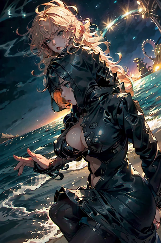(scifi, horror)"(best quality,4k,highres),
A lovely woman (25, athletic, busty, golden ratio figure, random race, brightly colored hair, dressed appropriate to the scene),awakened rudely [on the beach] (panic and struggle),
A UFO hovers nearby, an neon gelatinous Eldritch tentacle (very large, octopus like, many large tentacles) alien has the woman,
enthusiastically exploring and drawing the woman towards the UFO [otherworldly lights] (damsel abduction),
night time beach,
(ocean) waves crashing loudly, gentle breeze,
reflections on wet sand,
(strong contrast) between darkness and UFO lights,
(long exposure) streaks of light in the night sky,
(moody) atmosphere,
(vibrant colors) with a touch of (cool tones),
(dramatic) shadows and highlights,
(wild, untamed) nature surrounding the beach,
(surreal) and (dreamlike) landscape."